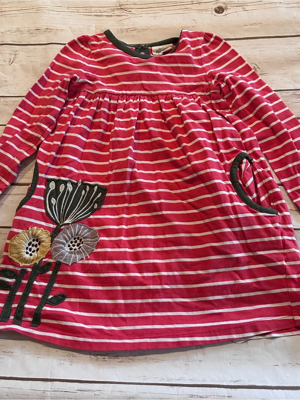 Mini boden red striped dress with embroidered flowers